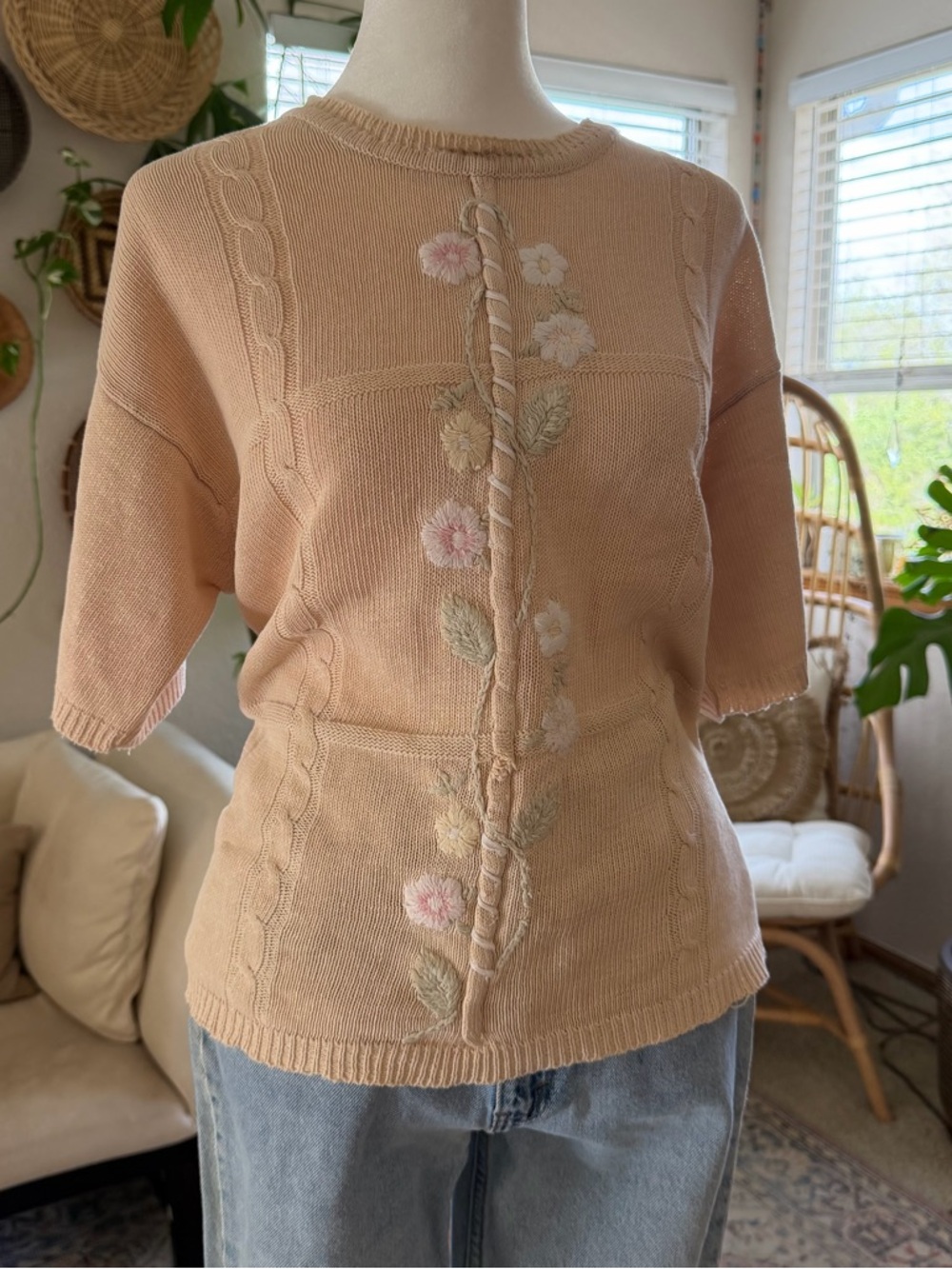 Vintage Artsy Boho Cottagecore Ramie Cotton Floral Grandma Embroidered Sweater - Picture 6 of 11